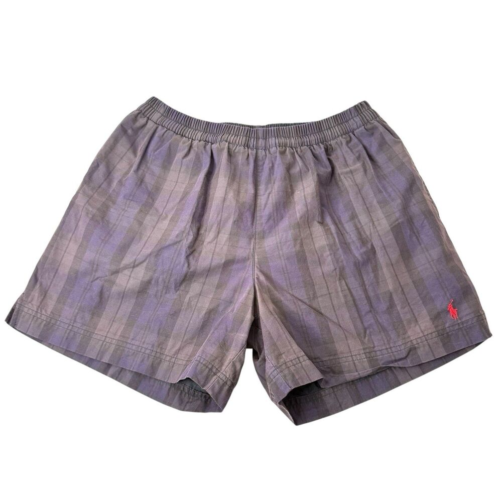 Vintage Polo Ralph Lauren Swim Trunks Men’s M Purple Plaid Mesh Lined Red Pony